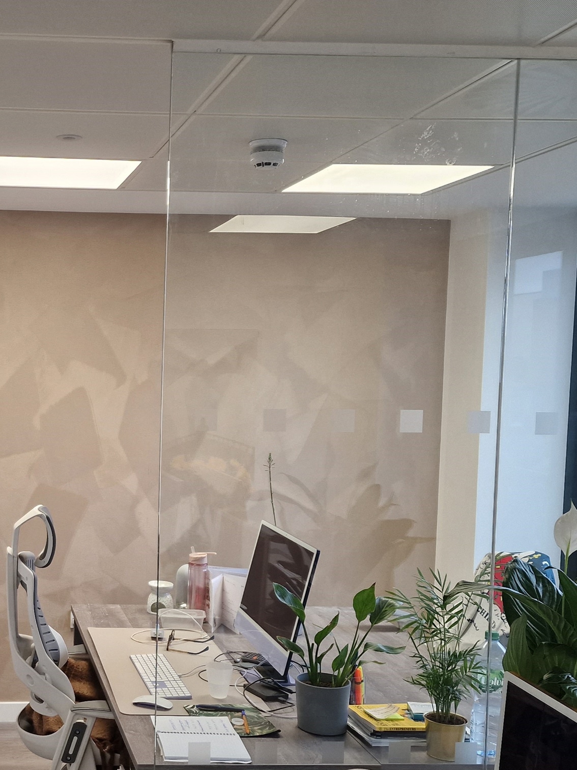 Velvet Fardis wallpaper in beige installed by our team in an office in Regents Street, London.