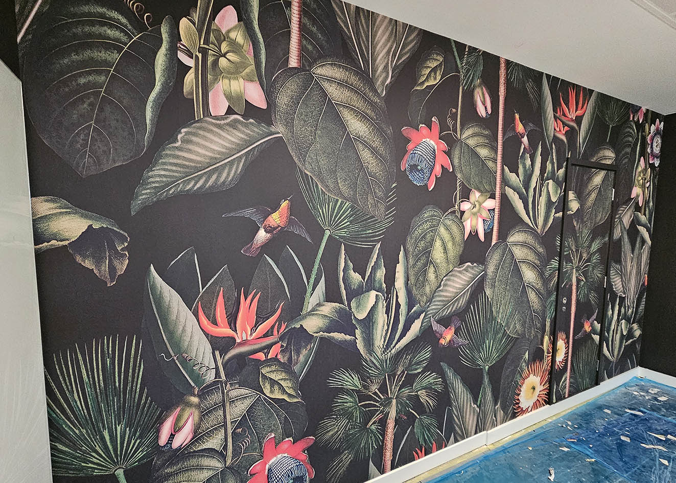 Wallpaper installation of botanical wallpaper mural in office, Marylebone, London.