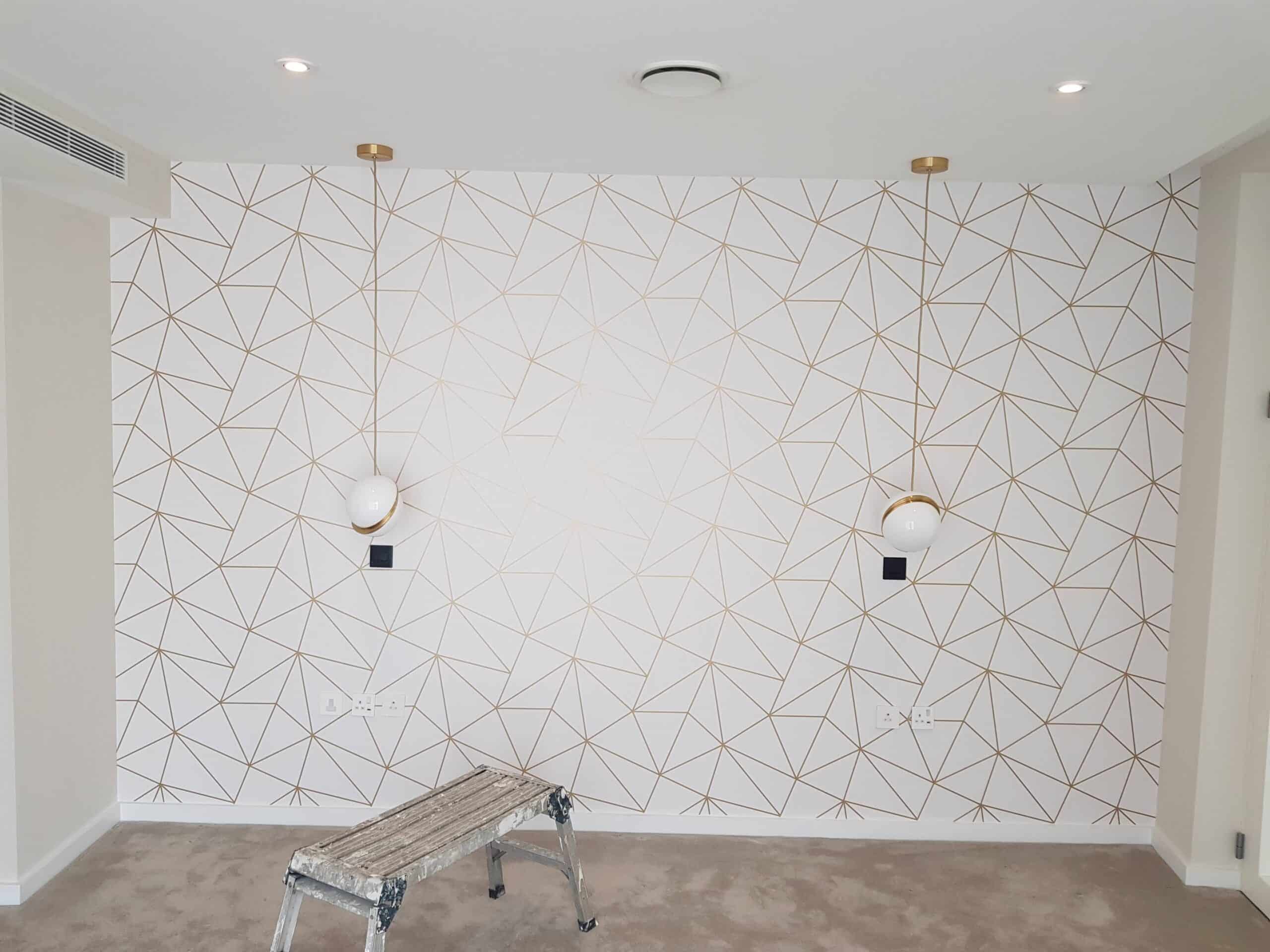 white geometric wallpaper installed by professional wallpaper hangers.