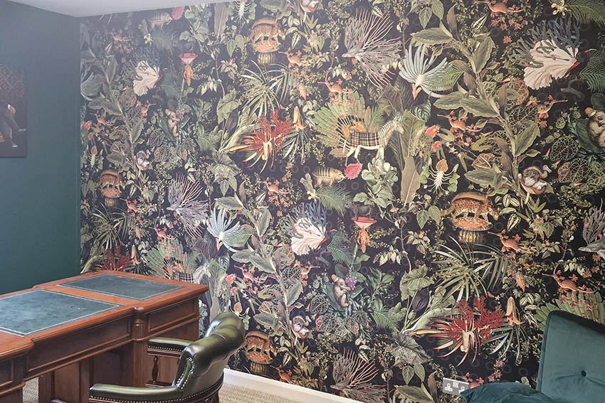 Arte Menagerie of Extinct animals textile digitally printed wallpaper with animals, trees and plants installed by Bluespec wallpaper hangers.