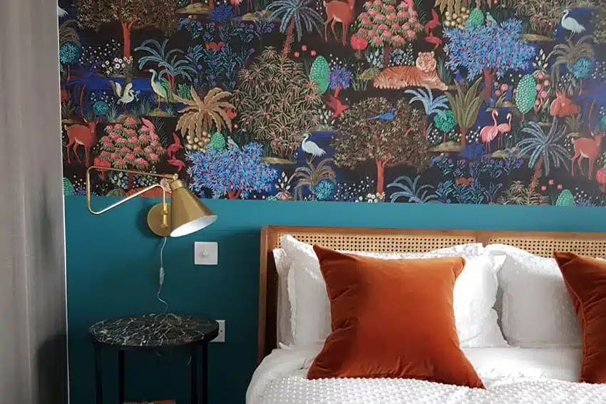 Wallpaper installation service in a bedroom, London.