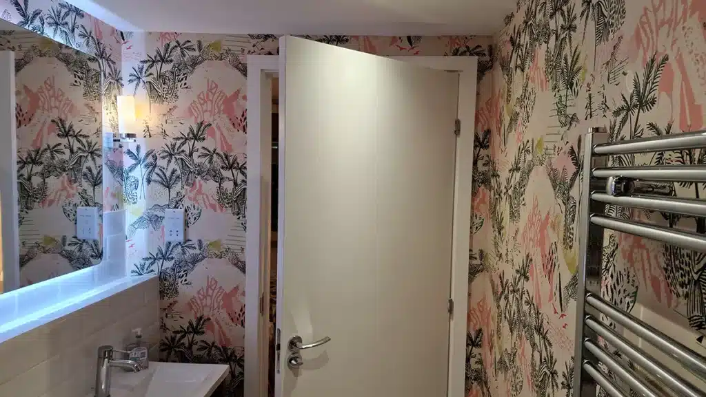 Wallpaper in a bathroom installation.