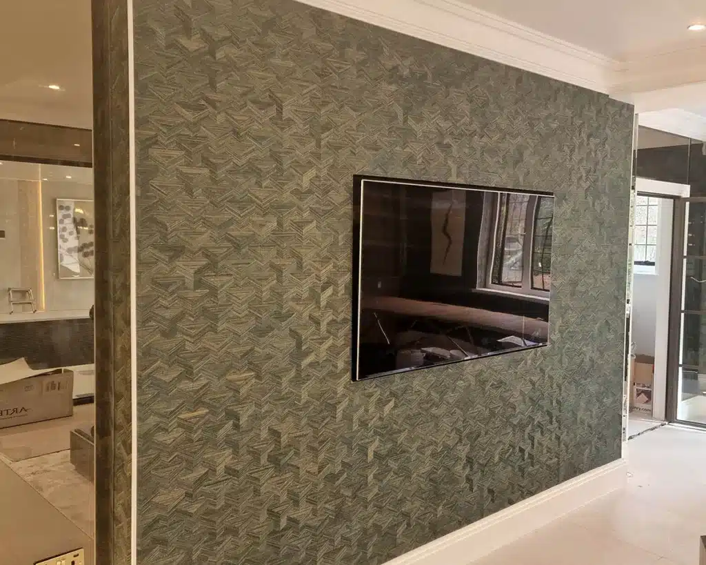 Olive green textured wallpaper room transformation installed by Bluespec Decorating Limited.