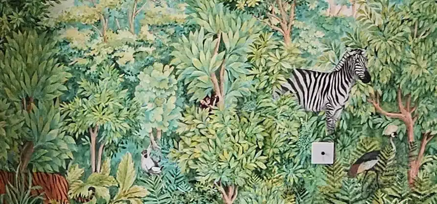 Bespoke wallpaper installation, trees and zebra, bright colours, green.