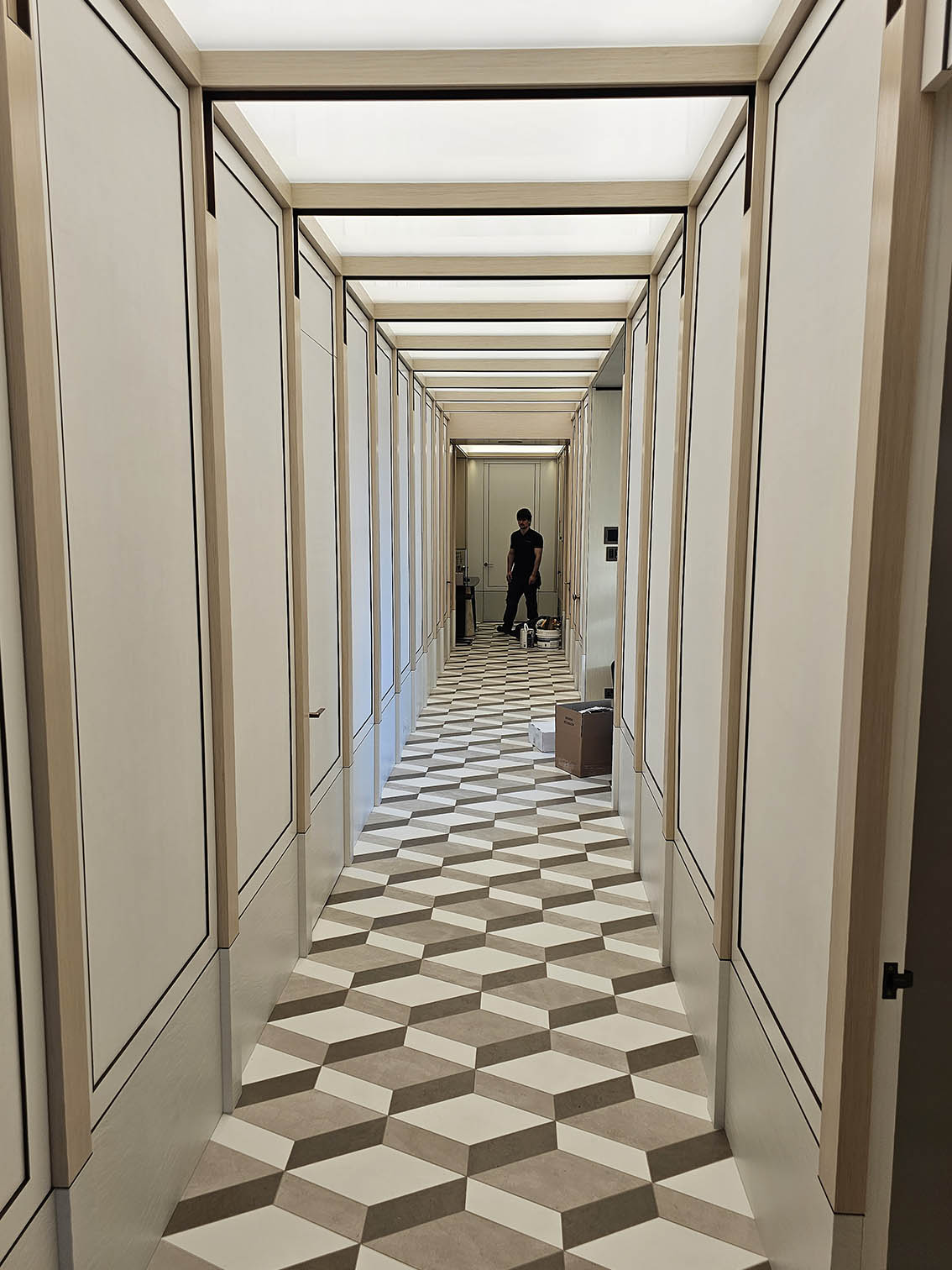 silk-wallcovering-installation-London Silk wallcovering installed in frames in a hallway in Mayfair W1, London.