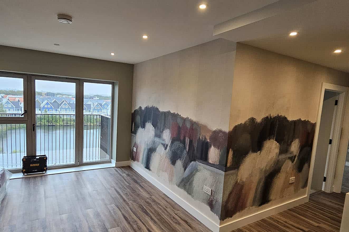 Wallpaper mural in pastel tones professionally installed by Bluespec wallpaper hangers in Central London, UK.