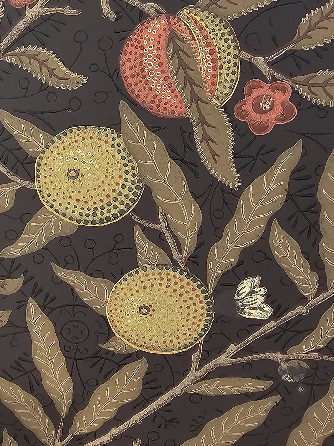 cloes-up-fruit-wallpaper-bluespec-installlation Close up photo of fruit and leaves wallpaper seamless installation by professional wallpaper installer.