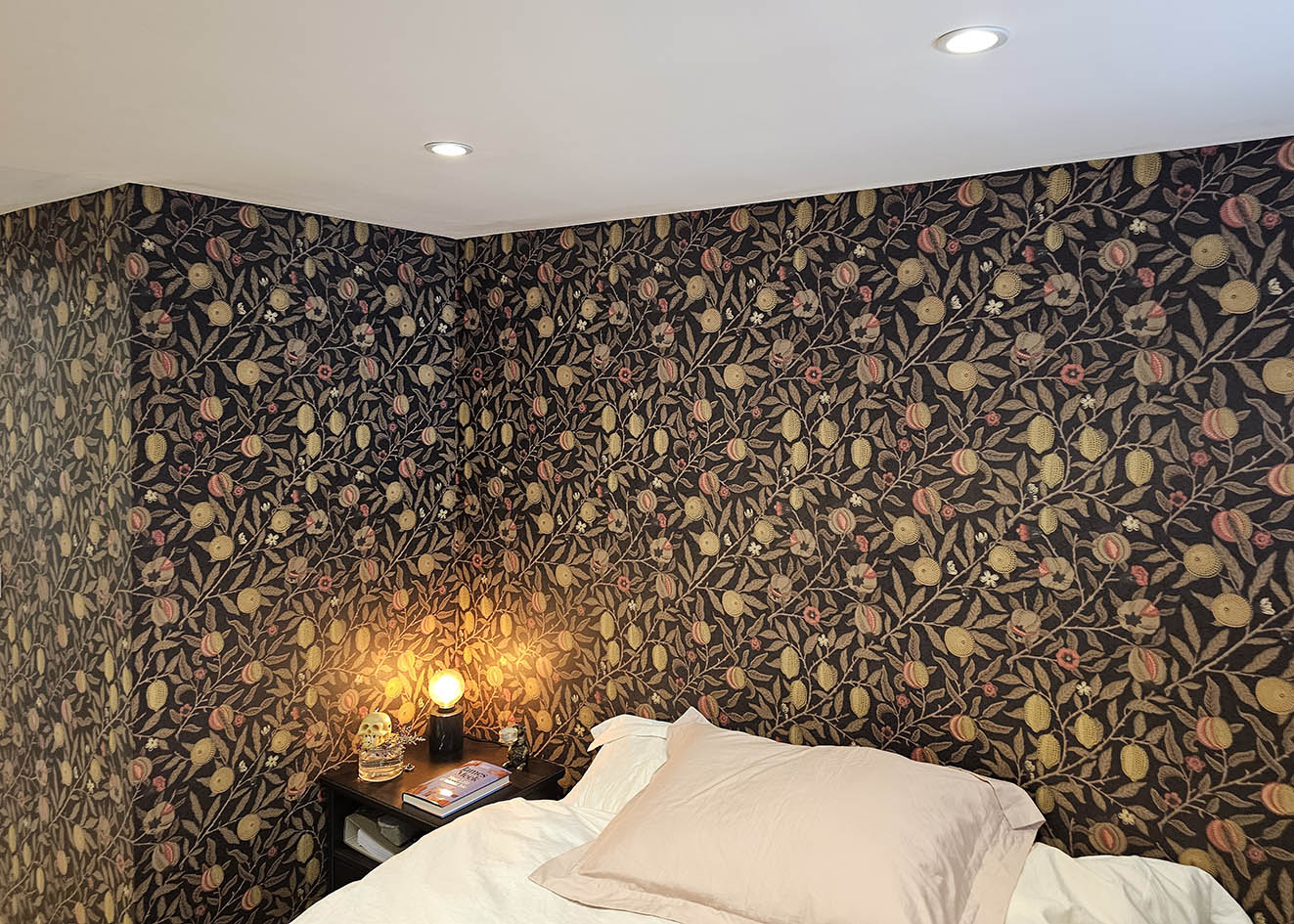 pomegranate-william-morris-wallpaper-installation Pomegranate, fruit and greenery wallpaper in rich brown and golden tones installed in Barnes, London by Bluespec wallpaper hangers.