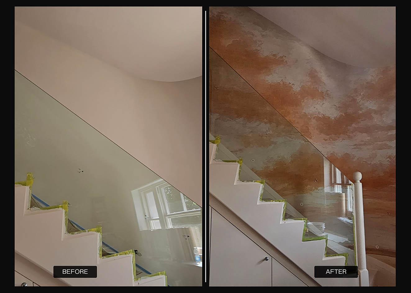 Landscape Photo Before-After Template - 1 Before-after photos of a staircase in Belgravia where a sunset wallpaper mural is installed by Bluespec Decorating Limited, London.